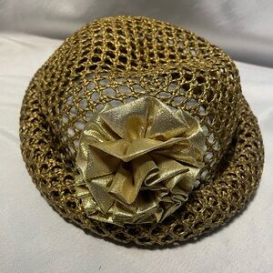 Vintage 90s Golden Women’s Straw Woven Curled Brim Hat Satin Ribbon Gold Flower